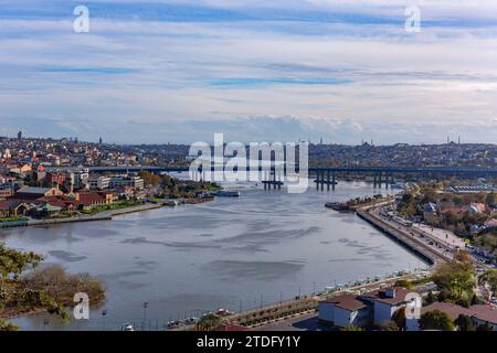 Istanbul, Türkei - 14. November 2023. Blick auf Istanbul vom Bahnhof Pierre Loti Teleferik mit Blick auf das Goldene Horn, Eyup District, Istanbul, Türkei Stockfoto