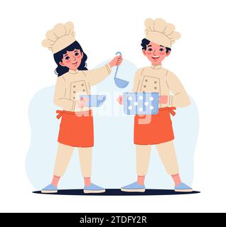 Fröhlicher Junge und Mädchen im Kochs-Kostüm mit Topf und Teller. Fröhliche Kinder kochen Essen. Kinder in Hut und Schürze. Professionelles Restaurant und Café Stock Vektor