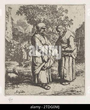 Zwei alte Frauen im Gespräch, Adriaen van Ostade, 1941 zwei alte Frauen reden miteinander in einer Dorpsstraat, ein paar Figuren sind in einem Geschäft im Hintergrund. Der Ausdruck ist Teil eines Portfolios und wird auf einem Album mit einem anderen gedruckt. Haarlem Papier ätzend zwei alte Frauen reden in einer Dorpsstraat miteinander, ein paar Figuren sind in einem Geschäft im Hintergrund. Der Ausdruck ist Teil eines Portfolios und wird auf einem Album mit einem anderen gedruckt. Haarlem Papierätzung Stockfoto