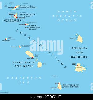 Von Anguilla bis Montserrat, politische Karte. Inseln in der Karibik, Teil der Leeward-Inseln und der Kleinen Antillen. Stockfoto