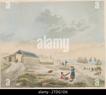 Strand in der Nähe von Scheveningen, ca. 1825, 1824 - 1830 Blick auf die Dünen und den Strand von Scheveningen und das Badehaus von Herrn Pronk, ca. 1825. Teil eines Blechs aus der Zeit um 1824-1825 mit 74 (nicht nummerierten) Platten der wichtigsten topographischen Gesichter und verschiedener Sitten und Gebräuche im Vereinigten Königreich der Niederlande. Druckerei: Netherlandspublisher: Amsterdam Papierätzung Scheveningen Blick auf die Dünen und den Strand von Scheveningen und das Badehaus von Herrn Pronk, ca. 1825. Teil eines Blechs aus der Zeit um 1824-1825 mit 74 (nicht nummerierten) Platten der wichtigsten topographischen Flächen Stockfoto