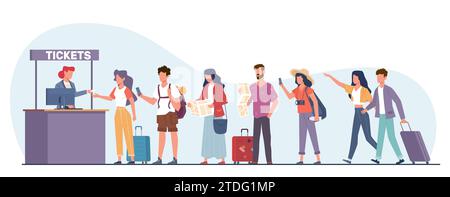 Eine Reihe von Leuten, die an der Abendkasse stehen, um Tickets zu kaufen. Touristen stehen in der Schlange. Männer und Frauen mit Stadtplänen und Gepäckstand und -Empfang. Cartoon Flat Stock Vektor
