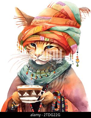 Katze im Turban mit einer Tasse Kaffee Aquarell auf weiß Stock Vektor