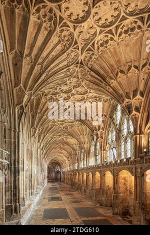 Das große Kloster in Gloucester Cathedral aus dem 14. Jahrhundert, das als das früheste und beste Beispiel für Fächergewölbe der Welt gilt, Gloucester, Engalnd, Großbritannien Stockfoto