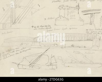 Arbeitsblatt mit Brücken und Booten, ca. 1825 - ca. 1875 Blatt 24 Verso aus einem Skizzenbuch mit 44 Blättern. Papier. Bleistiftblatt 24 Verso aus einem Skizzenbuch mit 44 Blättern. Papier. Bleistift Stockfoto