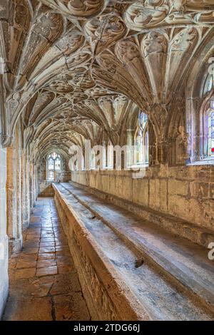 Das Lavatorium aus dem 14. Jahrhundert (Waschplatz der Mönche) am nördlichen Walk des Great Cloister in Gloucester Cathedral, Gloucester, England, Großbritannien Stockfoto