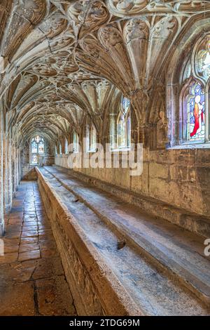 Das Lavatorium aus dem 14. Jahrhundert (Waschplatz der Mönche) am nördlichen Walk des Great Cloister in Gloucester Cathedral, Gloucester, England, Großbritannien Stockfoto