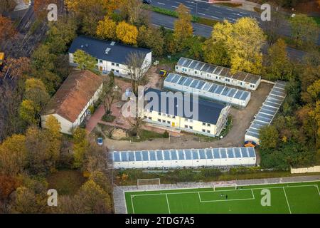 Luftaufnahme, temporäres Wohnhaus für Flüchtlinge Containerdorf an der Wohlfahrtstraße, Wiemelhausen, Bochum, Ruhrgebiet, Nordrhein-Westfalen, Deutschland Stockfoto