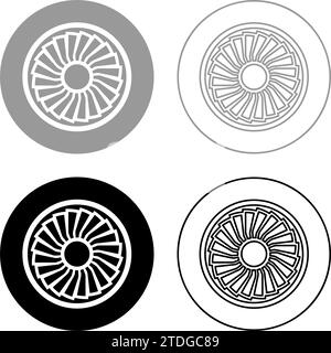 Turbinenflugzeug Turbomaschine Jet Engine Flugzeug Motor Fan Flugzeug Set Symbol grau schwarz Farbe Vektor Illustration Bild einfache feste Füllung Umriss Stock Vektor