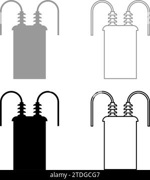 Elektrischer Transformator Hochspannungs-Umspannwerk Energie Set Symbol grau schwarz Vektor Illustration Bild einfache Vollfüllung Umrisslinie Stock Vektor