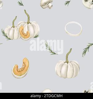 Nahtloses Aquarellmuster mit weißen Kürbissen, Pilzen, Zwiebelringen und Rosmarinzweigen auf hellgraublauem Hintergrund. Für den Einsatz in Design, Stoff, Stockfoto