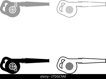 Gasgebläse Luft Gartenausrüstung Benzin Kehrblätter Gerät Benzin Blast Landschaftsbauer Betrieb Set Symbol grau schwarz Farbe Vektor Illustration Bild Stock Vektor