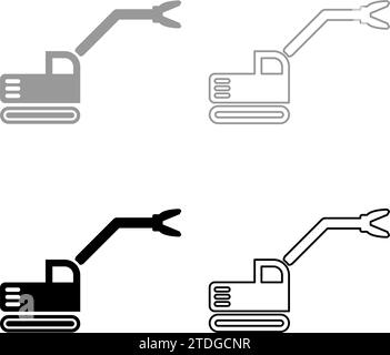 Sloopkraan Baumaschine Abbruch Schneiden Messer Kran LKW Set Icon grau schwarz Farbe Vektor Illustration Bild einfache feste Füllung Umriss Stock Vektor