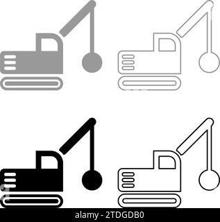 Sloopkraan Baumaschine Abriss Wracking Ball Kran LKW Set Icon grau schwarz Farbe Vektor Illustration Bild einfache feste Füllung Umrisskontur Stock Vektor