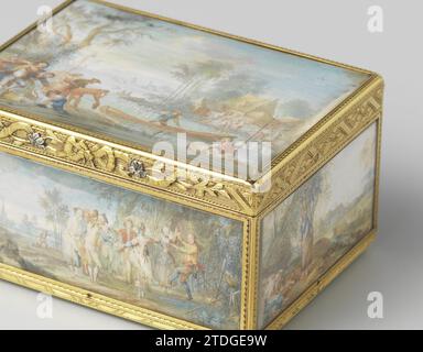 Goldene Schnupfdose, rechteckig und auf allen Seiten mit Landschaftsgemälden hinter Glas dekoriert, Jean George, 1753 goldene Pin-Box, rechteckig. Auf allen Seiten Miniatur-Landschaftsgemälde hinter Glas. Paris Gold (Metall). Gouache (Farbe). Goldene Glasdose, rechteckig. Auf allen Seiten Miniatur-Landschaftsgemälde hinter Glas. Paris Gold (Metall). Gouache (Farbe). Glas Stockfoto