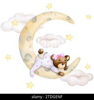 Niedlicher Bär im Pyjama, der auf dem Mond schläft. Mädchen. Handgemalte Aquarelle. Geburtstag, Babyparty, Kinderparty. Designelement für Einladungen Stockfoto