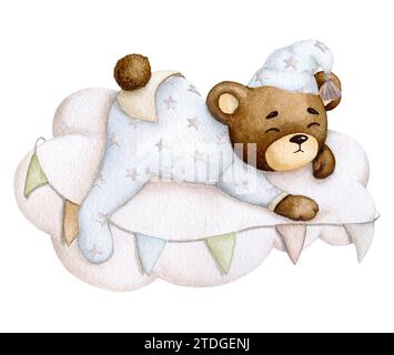 Niedlicher Bär, der auf einer Wolke schläft. Junge. Handgemalte Aquarelle. Geburtstag, Babyparty, Kinderparty. Designelement für Einladungen, Verpackungen, Stockfoto