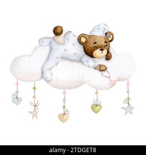 Niedlicher Bär, der auf einer Wolke schläft. Junge. Handgemalte Aquarelle. Geburtstag, Babyparty, Kinderparty. Designelement für Einladungen, Verpackungen, Stockfoto