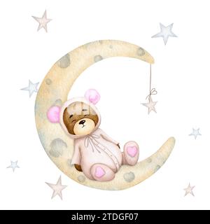 Niedlicher Bär im Pyjama, der auf dem Mond schläft. Handgemalte Aquarelle. Geburtstag, Babyparty, Kinderparty. Designelement für Einladungen, Pack Stockfoto