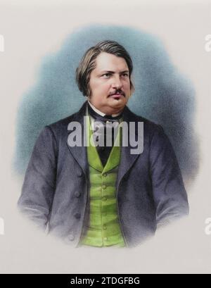 Lithographieporträt von Honoré de Balzac. In halber Länge dargestellt, gekleidet in einer vollen Jacke. Stockfoto