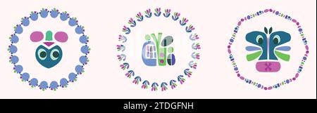 Einfache Natur Blatt und Monster Illustration Set in dekorativen Kranz für Kinder Blume Tier Vektor Motiv. Skurrile bunte Zeichnung in fröhlicher Natur Stock Vektor