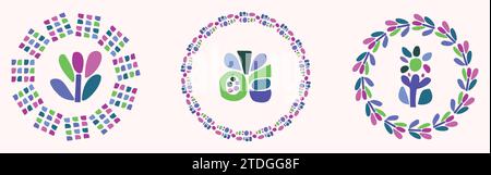 Einfache Natur Blatt und Monster Illustration Set in dekorativen Kranz für Kinder Blume Tier Vektor Motiv. Skurrile bunte Zeichnung in fröhlicher Natur Stock Vektor