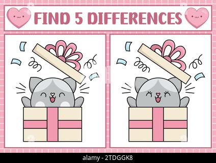 St. Valentine Kawaii Find Differences Spiel für Kinder. Aktivität zur Aufmerksamkeitsfähigkeit mit niedlicher Katze, die aus der Geschenkbox kommt. Liebe Ferienpuzzle Stock Vektor