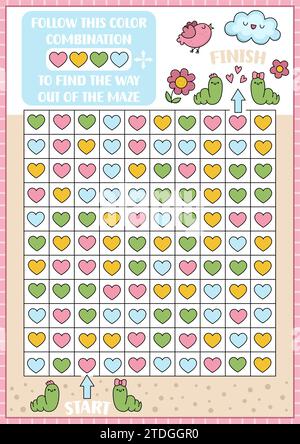 Das Labyrinth des Heiligen Valentins, die Farberkennung, das Spiel mit den Herzen suchen und finden. Puzzle zur Schulung der Aufmerksamkeit. Kawaii druckbare Aktivität für Kinder. Logisch Stock Vektor