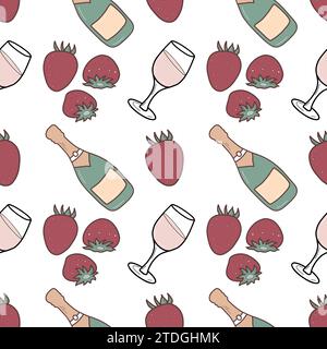 Romantisches nahtloses Muster. Champagner und Erdbeeren. Farbiges Vektordesign für Stoff, Scrapbooking oder Verpackung zum Valentinstag. Stock Vektor