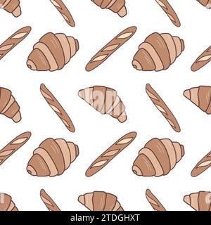 Nahtloses Brotmuster auf weißem Hintergrund. Croissants und Baguettes flache Vektor-Illustration. Stock Vektor