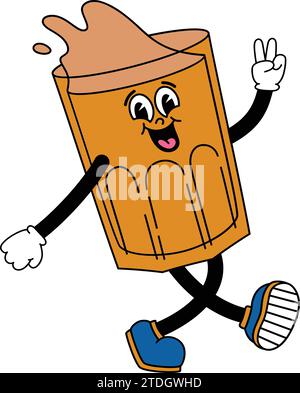 Vektorglas Bier mit Cartoon Happy Face Cartoon Chef hält einen Becher. Trinken Sie in einem Retro-Maskottchen Glas. Maskottchen, Getränk, Glas, Aufkleber, süß, isoliert, Stock Vektor