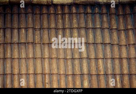 Traditionelles Dach mit braunen Fliesen aus Holz bedeckt Stockfoto