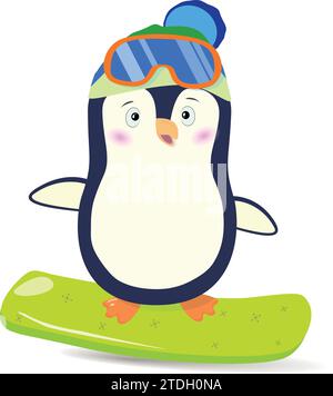 Cartoon-Pinguin in einer Wintermütze und Brille auf einem Snowboard Stock Vektor