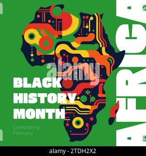 Quadratisches grafisches Banner für den Monat der schwarzen Geschichte. Afroamerikanische Rechte und Kultur feiern. Modernes kreatives Plakat. Afrika im afro-abstrakten Musterhintergrund. Kunstvektor-EPS-Druckdesign Stock Vektor