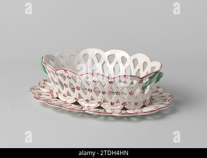 Obstschale mit Ohren und durchbrochener Wand und Rand, bemalt mit Blumen und Insekten, anonym, ca. 1770 - ca. 1820 ovale Obstschale, aus mehrfarbigem Fowence. Die Schale hat eine rautenförmige durchbrochene Wand und Kante. Ein Blumenstrauß ist auf den Boden der Schale gemalt, drei Insekten und kleine Blumen und zwei grüne Ohren an der äußeren Wand. Frankreich Steingut. Zinnglasur. Ovale Obstschale, aus mehrfarbigem Fuwence. Die Schale hat eine rautenförmige durchbrochene Wand und Kante. Ein Blumenstrauß ist auf den Boden der Schale gemalt, drei Insekten und kleine Blumen und zwei grüne Ohren an der äußeren Wand. Fra Stockfoto