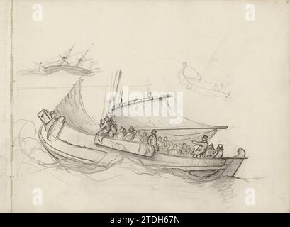 Figuren auf einem Schiff mit eingestürztem Segel, ca. 1825 - ca. 1875 auch Untersuchungen eines zwei-Meister und drei Figuren auf einem Segelschiff. Seite 2 Recto aus einem Skizzenbuch mit 44 Blättern. Papier. Tinte. Der Bleistiftstift untersucht auch zwei Meister und drei Figuren auf einem Segelschiff. Seite 2 Recto aus einem Skizzenbuch mit 44 Blättern. Papier. Tinte. Bleistiftstift Stockfoto