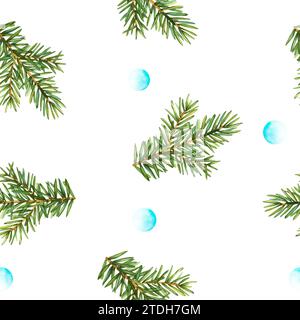 Nahtloses Wintermuster mit kleinen runden Erbsen- und Tannenzweigen. Aquarellillustration Kiefernzweig für Feiertagsfeier Dekoration für 2024 Stockfoto