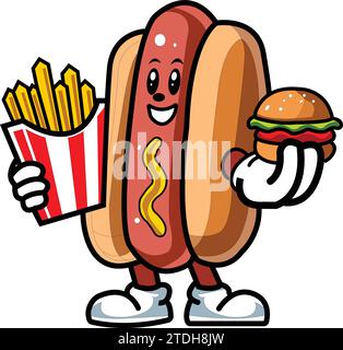 Hot Dog Zeichentrickfigur.Vektor ein Zeichentrickfilm Hot Dog zeigt mit einem Lächeln.Kielbasa, kochen, wiener, draußen, Bratwurst, saftig, Zeichen, Clip Art, Hund. Stock Vektor