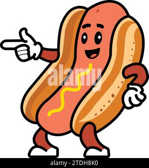 Hot Dog Zeichentrickfigur.Vektor ein Zeichentrickfilm Hot Dog zeigt mit einem Lächeln.Kielbasa, kochen, wiener, draußen, Bratwurst, saftig, Zeichen, Clip Art, Hund. Stock Vektor