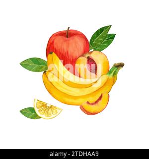 Aquarellabbildung. Fruchtzusammensetzung: Bananen, roter Apfel, Pfirsiche, Fruchtstücke, alle Elemente sind handbemalt in Aquarellen. Stockfoto