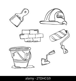 Werkzeuge Wandmalerei Doodle Icons. Vektorskizze. Handgezeichnete Illustration. Isolierte Vektorsymbole Stock Vektor