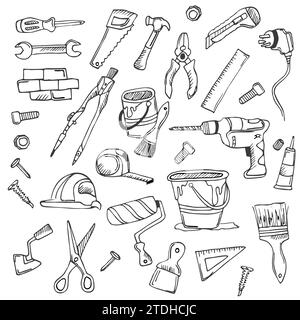Große Doodle-Set von Haus-Reparatur-Tools in Doodle-Stil. Hand-und Elektrowerkzeuge, Wandmalerei und Holzarbeiten Werkzeuge, verschiedene Schraubendreher, Bohrer, hamm Stock Vektor