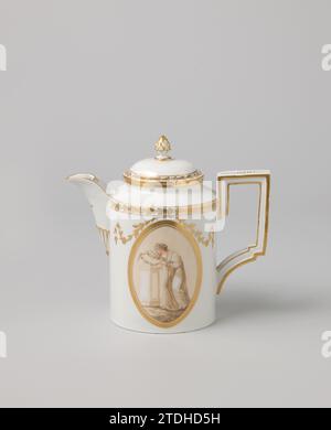 Deckel einer Kaffeekanne mit Laubblättchen, Fürstenberg, ca. 1785 - ca. 1795 Deckel einer Porzellan-Kaffeekanne, auf der Glasur in Gold gemalt. Verziert mit einer Blattvank und einem Deckelknopf in Form eines Kiefernkegels. Fürstenberg Porzellan. Glasur. Goldmalerei / Vergoldung / Verglasung Deckel einer Porzellankaffeekanne, bemalt auf der Glasur in Gold. Verziert mit einer Blattvank und einem Deckelknopf in Form eines Kiefernkegels. Fürstenberg Porzellan. Glasur. Goldmalerei/Vergoldung/Verglasung Stockfoto