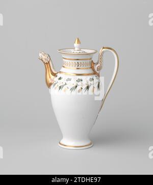 Deckel einer Kaffeekanne mit einer Folienrolle, La Courtille Parijs, ca. 1800 - ca. 1824 Deckel einer Porzellan-Kaffeekanne, auf der Glasur in Gold gemalt. Dekoriert mit einem Flügelstock und goldenen Reifen. Spitz zulaufende Deckeltaste. Pariser Porzellan. Glasur. Goldmalerei / Vergoldung / Verglasung Deckel einer Porzellankaffeekanne, bemalt auf der Glasur in Gold. Dekoriert mit einem Flügelstock und goldenen Reifen. Spitz zulaufende Deckeltaste. Pariser Porzellan. Glasur. Goldmalerei/Vergoldung/Verglasung Stockfoto