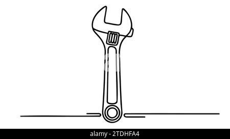 Ein mechanischer Schraubenschlüssel für Muttern, die in einer durchgehenden Linie in schwarzer Farbe auf weißem Hintergrund gezeichnet sind. Art der Selbstzeichnung Stock Vektor