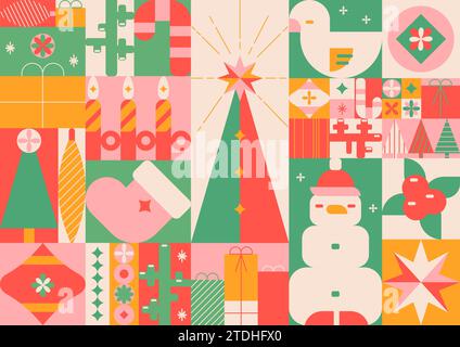 Modernes Weihnachtsdesign, Weihnachtsgeschenke, Winterelemente, Kerzen, Weihnachtsbaum, Socke, Schneemann, Weihnachtsdekorationen. Geometrisch Stock Vektor