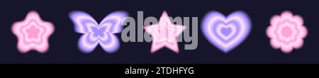 Set trendiger, ästhetischer y2k-Aufkleber mit Farbverlauf-Aura-Effekt. Rosa und lila Blume, Schmetterling, Stern, Herzformen im holografischen, verschwommenen Stil der 90er Jahre isoliert auf dunklem Hintergrund. Vektorabbildung Stock Vektor