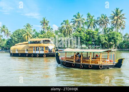 Indische traditionelle Hausboote, die auf dem Pamba Fluss schwimmen, mit Palmen an der Küste, Alappuzha, Kerala, Südindien Stockfoto