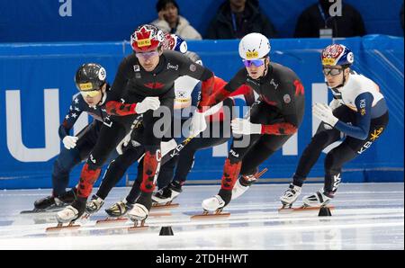 Seoul, Südkorea. Dezember 2023. William Dandjinou (33) aus Kanada, reagierte auf 1500 dem zweiten Tag des ISU World Cup Short Track 2023-2024 auf dem Mokdong Ice Rink in Seoul, Südkorea am 16. Dezember 2023. (Foto: Lee Young-HO/SIPA USA) Credit: SIPA USA/Alamy Live News Stockfoto