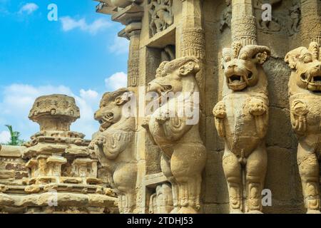 Kailasanathar Tempel antike Idol Statuen Dekoration, Kanchipuram, Tondaimandalam Region, Tamil Nadu, Südindien Stockfoto